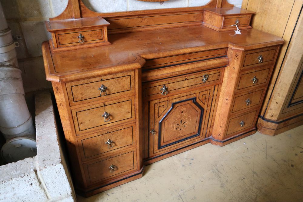 A late Victorian inlaid burr and pollard oak inverse breakfront dressing chest, width 146cm depth 56cm height 178cm